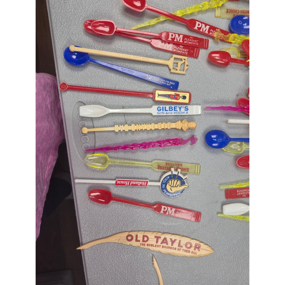52 Vintage Cocktail Swizzle Stick Stirrer Lot Old Taylor Gilbey's PM Whiskey